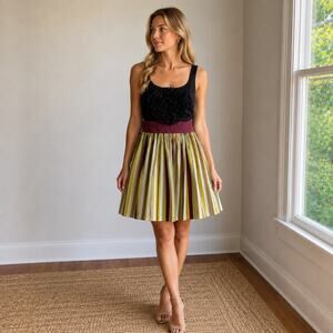 Burlapp Fit And Flare Rosette Waist Striped Sundress XS Whimsical Cottagecore